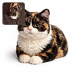 A fluffy calico cat is curled up on a dark, slightly wrinkled blanket, looking up with a calm and curious expression, surrounded by a cozy but slightly messy bed scene.