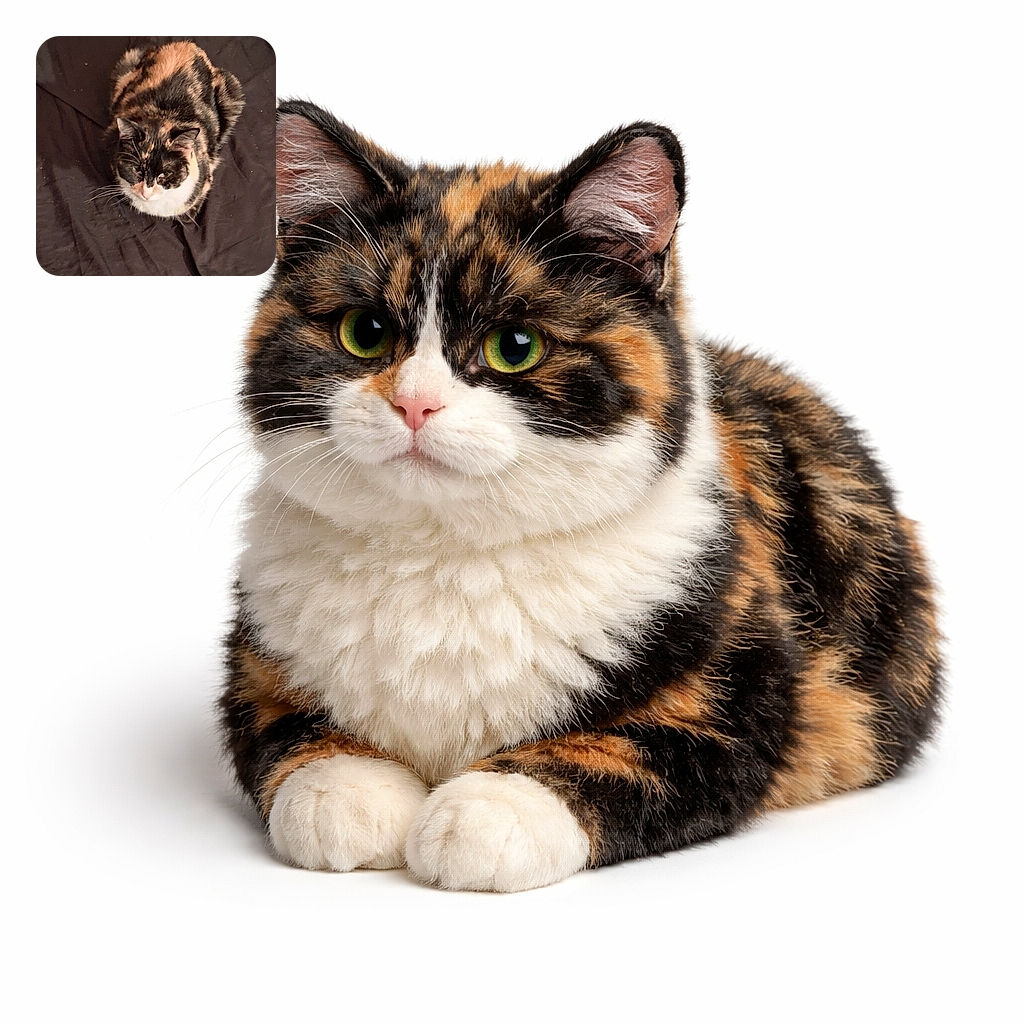 A fluffy calico cat is curled up on a dark, slightly wrinkled blanket, looking up with a calm and curious expression, surrounded by a cozy but slightly messy bed scene.