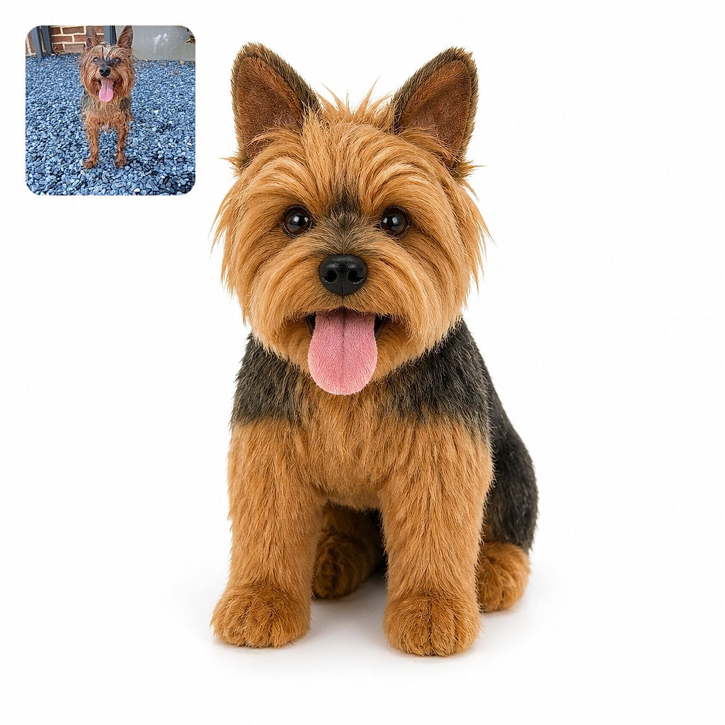 A cheerful scruffy little dog stands proudly on a bed of blue gravel, tongue out and ears up like a tiny rock-garden tour guide. Behind it, brickwork and flower boxes add a cozy garden backdrop.