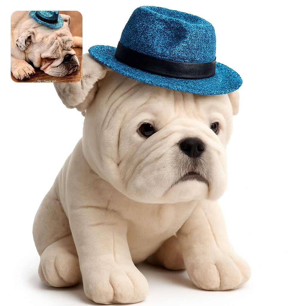 A sleepy bulldog wearing a sparkly blue hat lies on a wooden floor with a caption that humorously questions its willingness to do something, perfectly capturing the dog's reluctant mood.