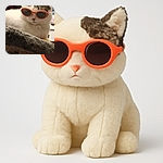 A cool cat sporting oversized pink sunglasses lounges on a textured surface, radiating chill vibes while casually ignoring the camera. The background hints at a cozy indoor setting with soft lighting.