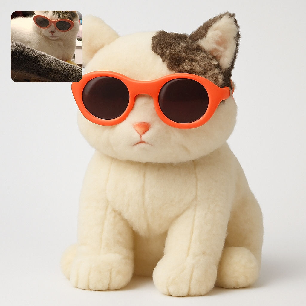 A cool cat sporting oversized pink sunglasses lounges on a textured surface, radiating chill vibes while casually ignoring the camera. The background hints at a cozy indoor setting with soft lighting.