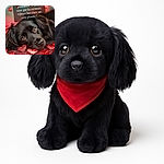 A soulful black dog lies amid a sea of glittery red hearts, gazing up with big, expressive eyes. The soft-focus background features floating heart shapes, and a translucent text overlay in French shares a heartfelt message about humans and animals, adding an emotional touch.