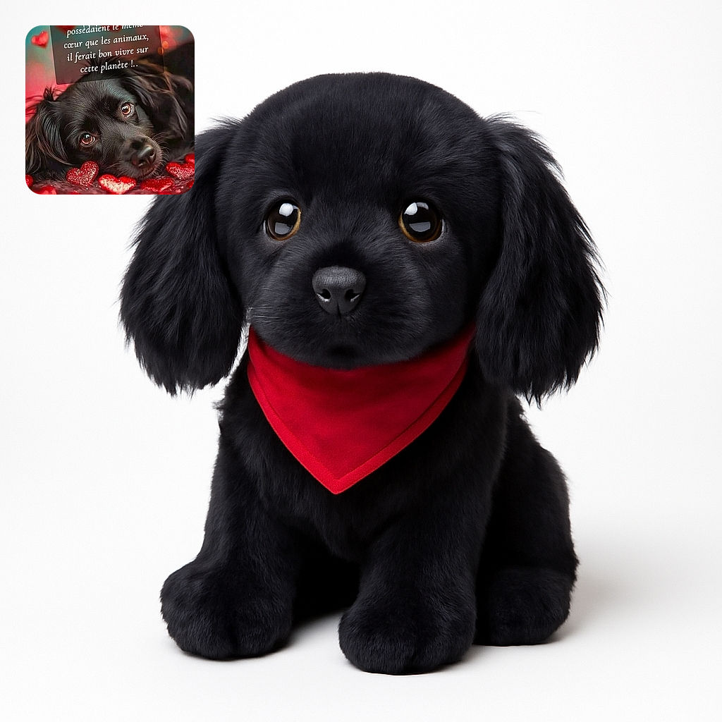 A soulful black dog lies amid a sea of glittery red hearts, gazing up with big, expressive eyes. The soft-focus background features floating heart shapes, and a translucent text overlay in French shares a heartfelt message about humans and animals, adding an emotional touch.