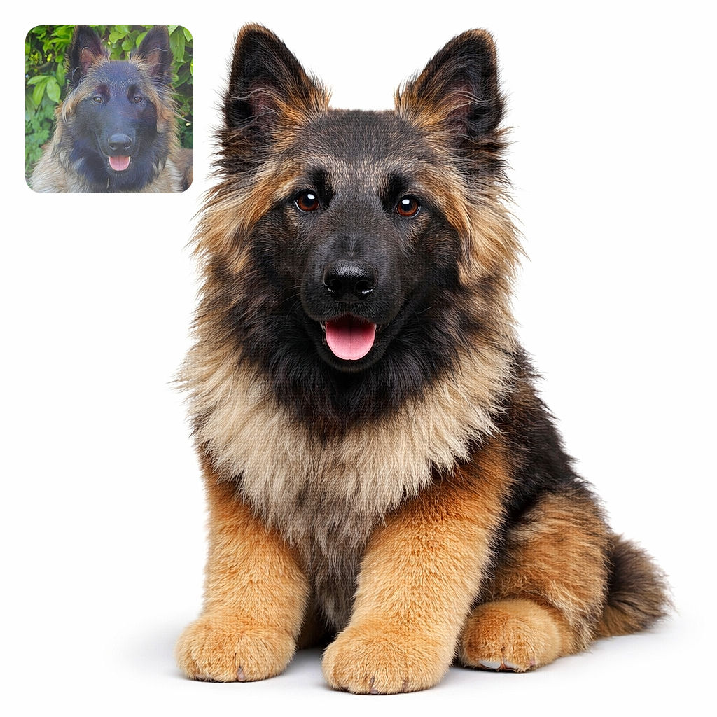 A regal long-haired shepherd stares straight at the camera like it’s waiting for applause — ears at attention, tongue out in a polite smile, and leafy shrubbery serving as a green velvet backdrop.