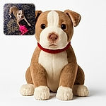 A tan and white dog with soulful eyes lounges on a patterned dark rug, gripping a bright pink plush toy in its paws, surrounded by homey details like a wooden chair, metal bowls, and a container in the background.