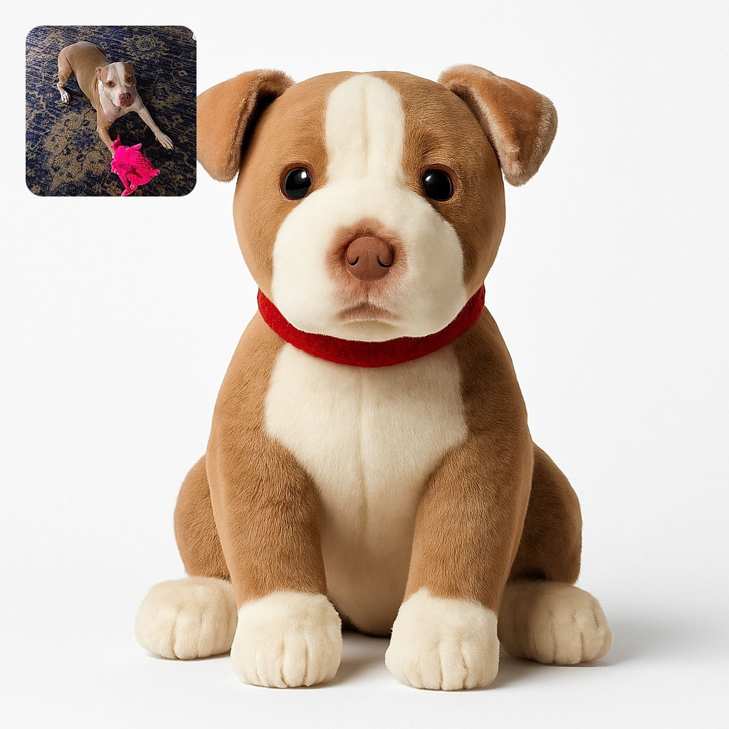 A tan and white dog with soulful eyes lounges on a patterned dark rug, gripping a bright pink plush toy in its paws, surrounded by homey details like a wooden chair, metal bowls, and a container in the background.