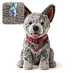 A cheerful dog with speckled gray fur and perky ears looks up at the camera with a big smile, standing in a dry grassy field with golden stalks and soft sunlight creating a warm, natural backdrop.