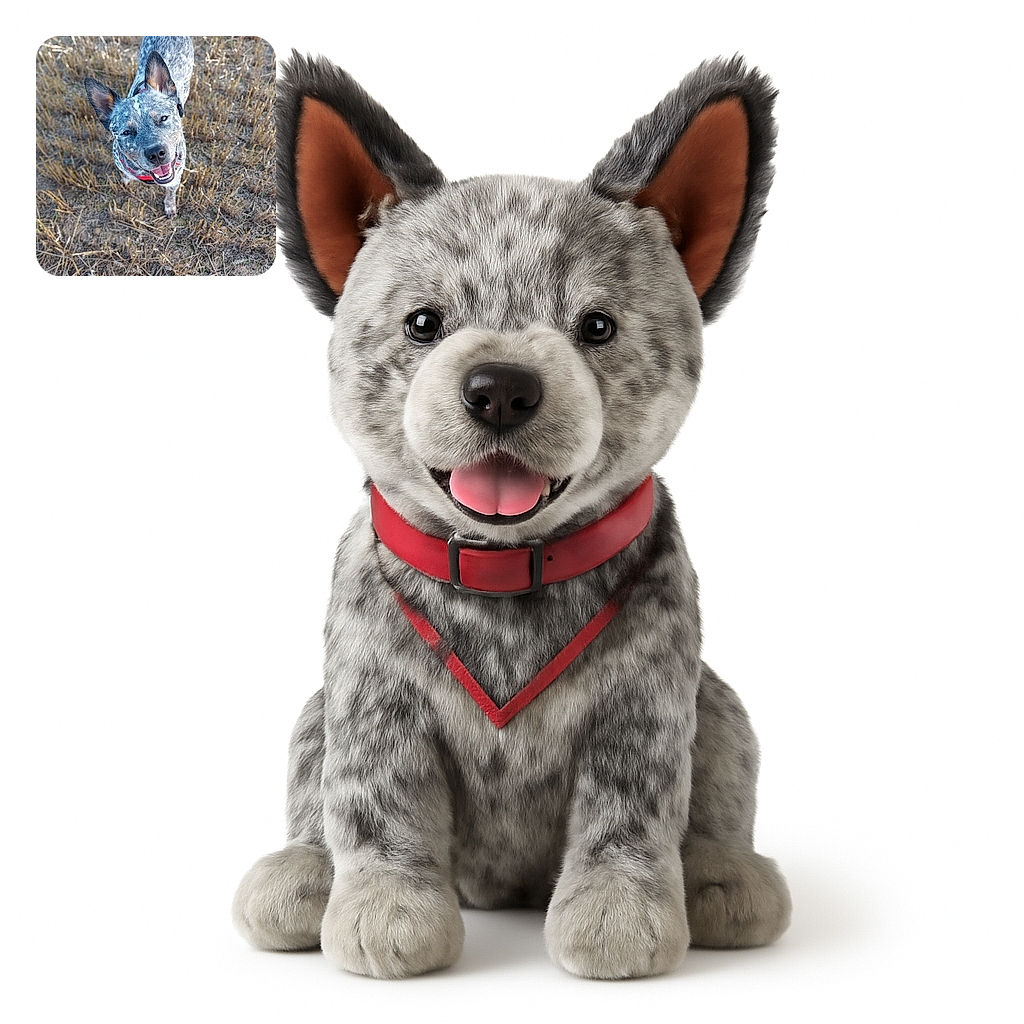 A cheerful dog with speckled gray fur and perky ears looks up at the camera with a big smile, standing in a dry grassy field with golden stalks and soft sunlight creating a warm, natural backdrop.