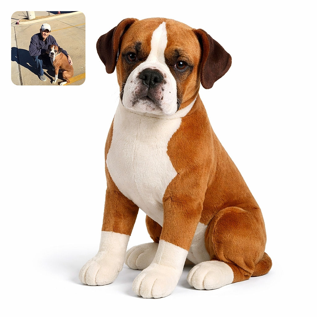 A man wearing a white cap and checkered slip-on shoes crouches on a sunny parking lot, affectionately holding a brown and white boxer dog who looks like it's ready for a photoshoot or a snack.