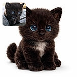 A close-up of an adorable black kitten with piercing blue eyes, sitting on a cozy fabric surface, looking intently as if plotting world domination or just a nap.