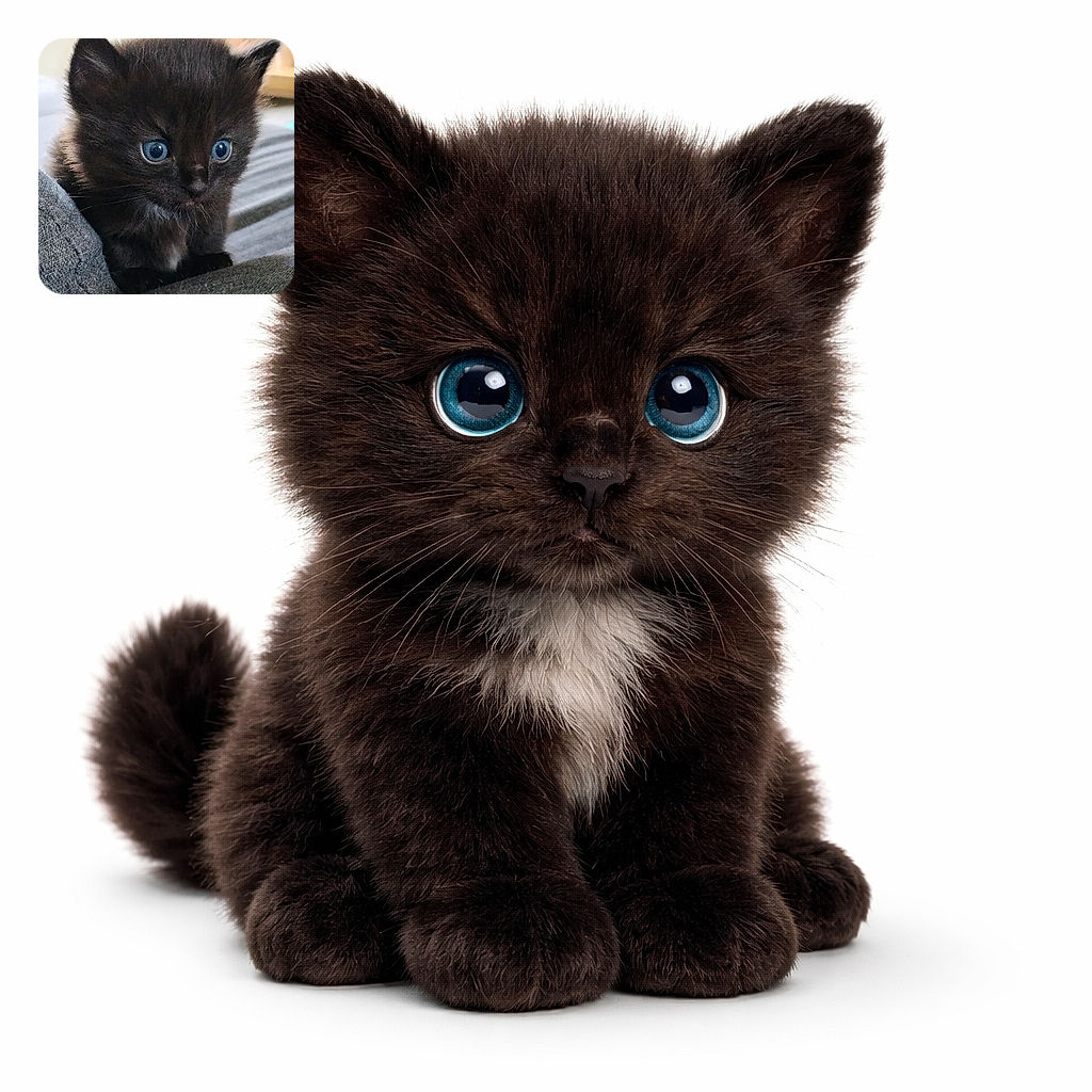 A close-up of an adorable black kitten with piercing blue eyes, sitting on a cozy fabric surface, looking intently as if plotting world domination or just a nap.