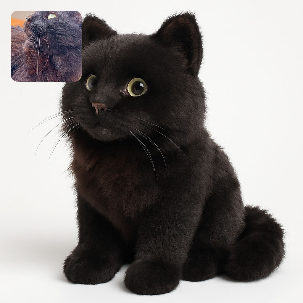 A majestic black cat with bright green eyes gazes thoughtfully into the distance, its fluffy fur catching the soft natural light with a gentle outdoor background of blurred greenery.