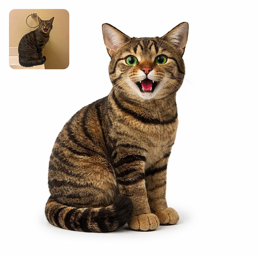 A startled tabby mid-meow sits on the sink like it owns the bathroom, ears perked, whiskers fanned and mouth wide — part opera singer, part furry alarm system.