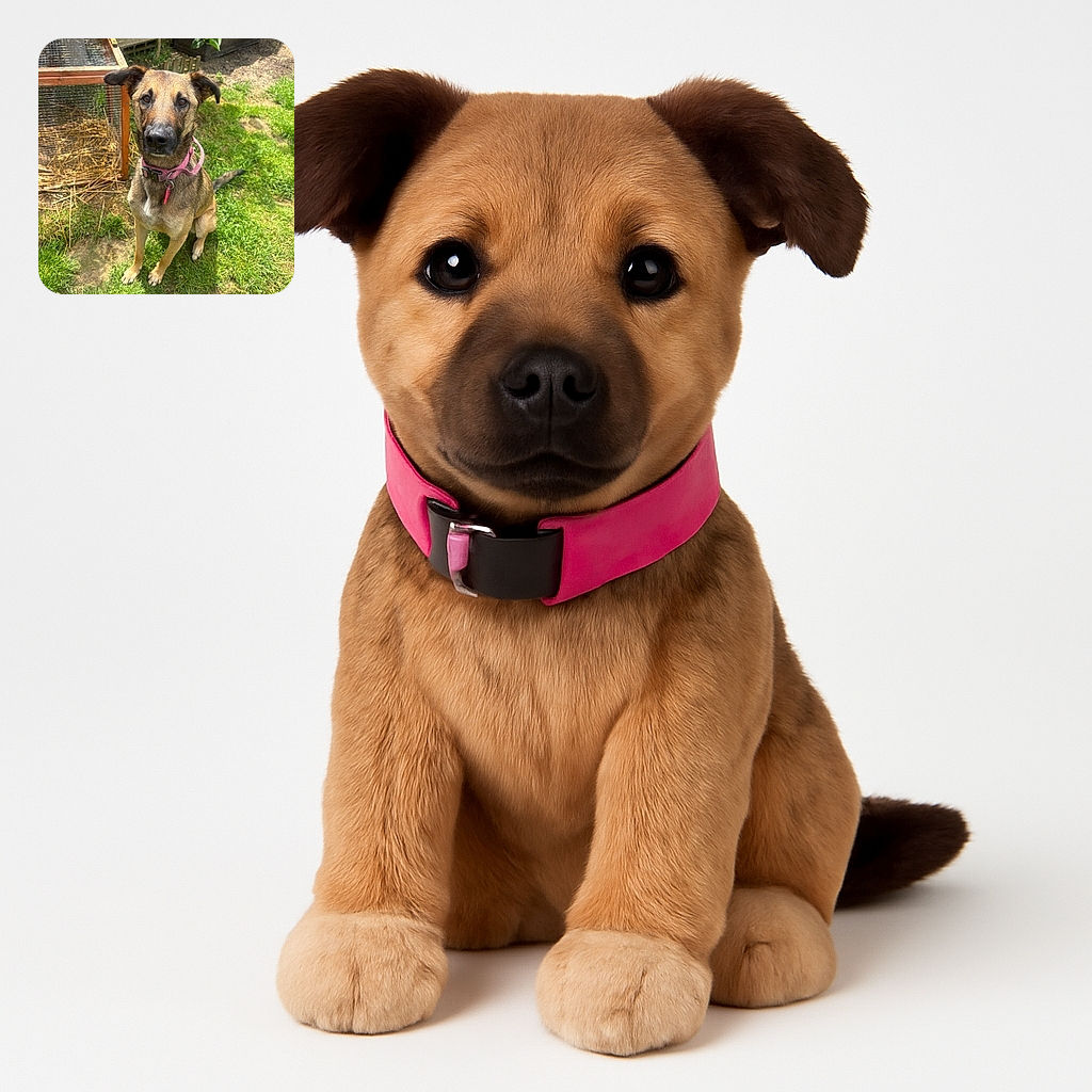 A charming dog with a pink collar sits obediently on a grassy patch, giving a soulful look to the camera. The background features a rustic wooden structure and garden elements, bathed in natural sunlight.