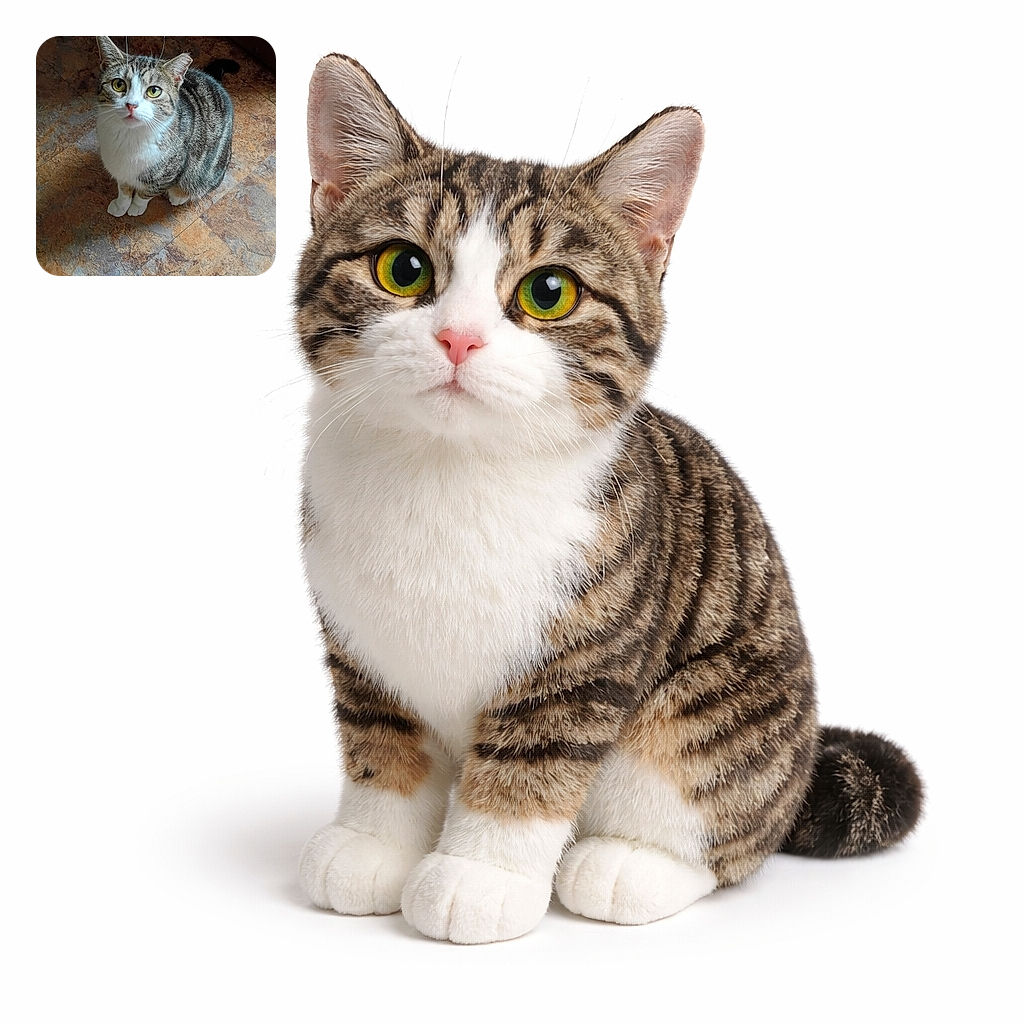 A wide-eyed tabby cat sitting on a tiled floor, looking up with whiskers like tiny antennas — part pleading, part heist planner — paws neatly together and stripes gleaming in the light.