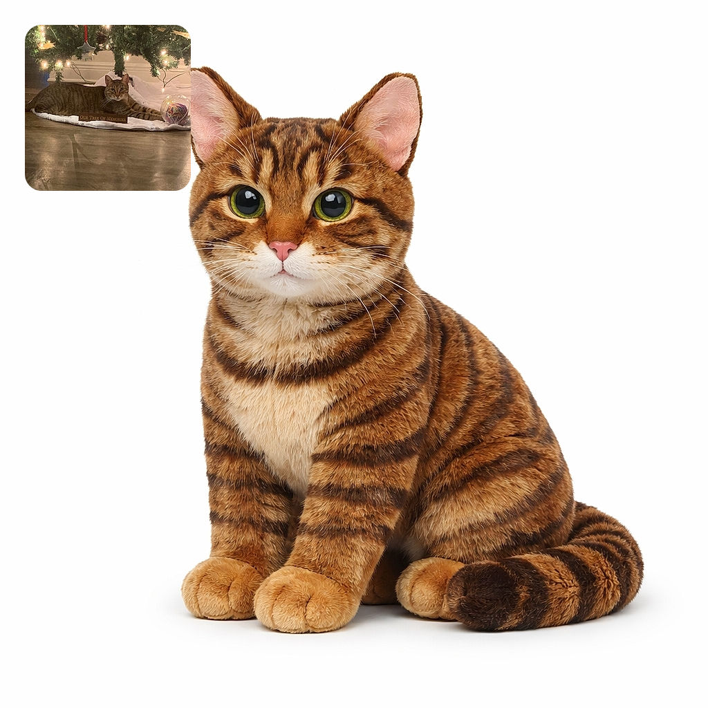 A tabby cat lounges comfortably on a white tree skirt under a festively decorated Christmas tree adorned with glowing lights and ornaments, next to a clear ball filled with colorful yarn, creating a cozy holiday scene.