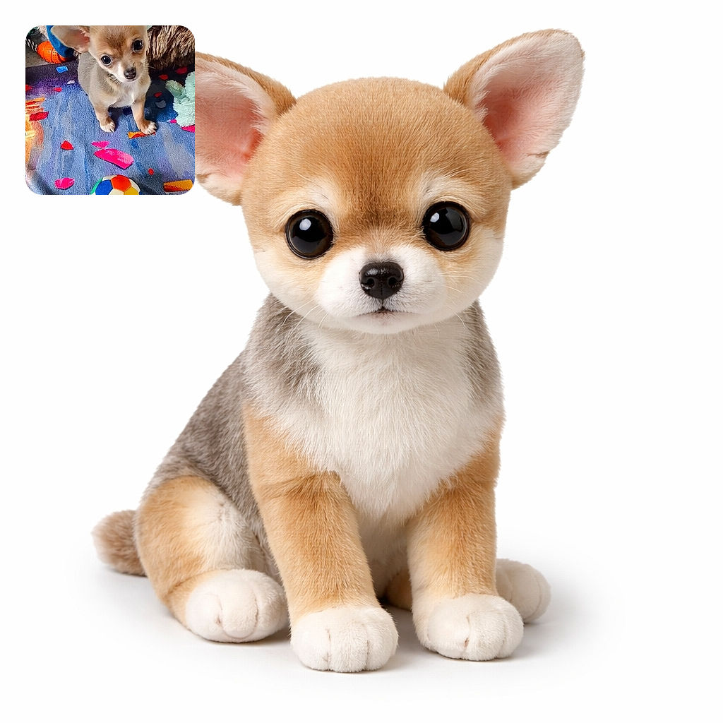 A tiny, wide-eyed chihuahua puppy gives you the full 'please play with me' stare while a bright multicolor ball and cozy blankets stage a chaotic indoor playground — ears at attention, paws planted, and every bit of adorable concentrated in one smol face.