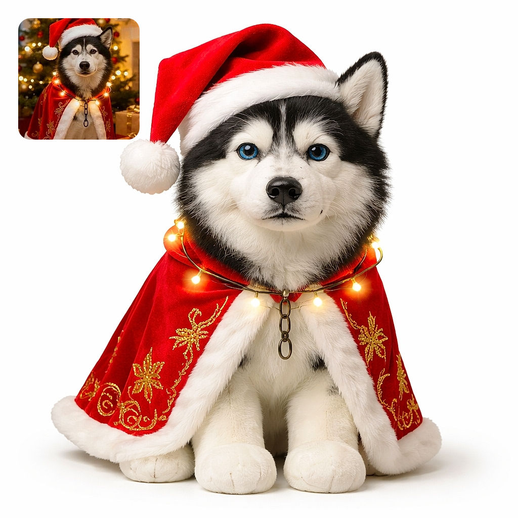 A dignified husky dressed as Santa—red velvet cape, fluffy hat, and a string of twinkling lights—staring like it knows if you've been naughty or nice while a glittering Christmas tree and wrapped presents blur into a cozy bokeh background.