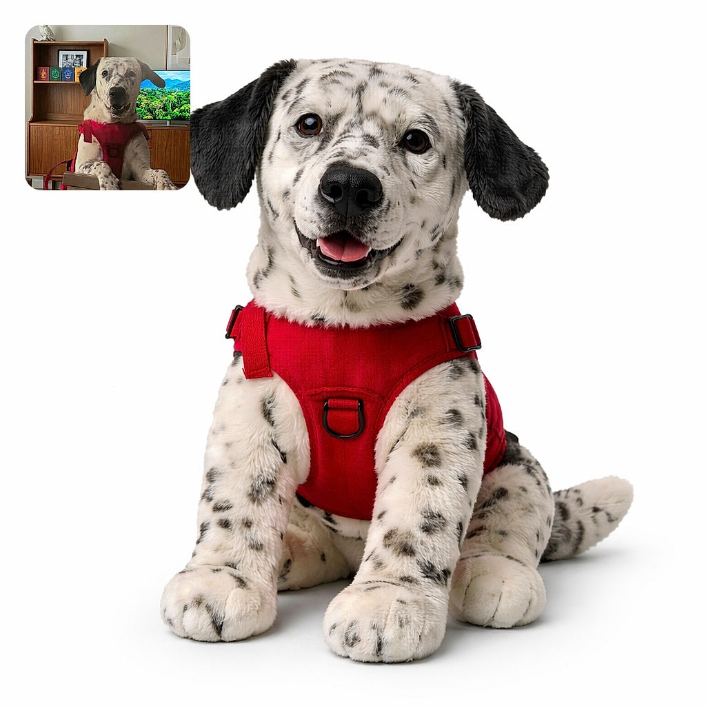 A spotted dog in a red harness leans over the chair like a very polite game-show host — an owl statue stares from the top shelf, a framed selfie photobombs from a bookshelf, and the TV behind them is showing a lush jungle backdrop. The whole scene screams 'I run this household.'