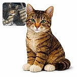 A regal tabby cat lounges comfortably on a plush, textured carpet, basking in the soft sunlight filtering through nearby furniture, its green eyes gleaming with curiosity and calm.