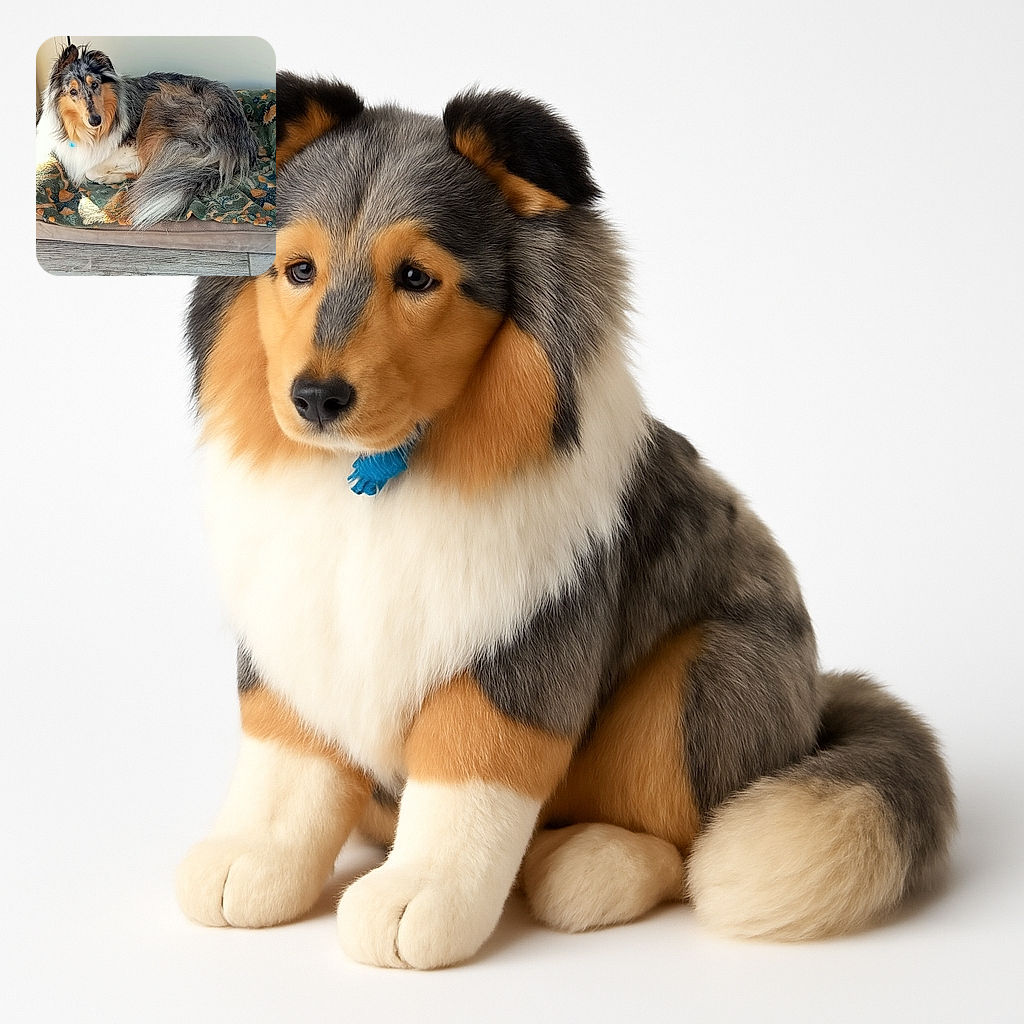 A fluffy, majestic dog with a mix of gray, white, and tan fur lounges comfortably on a floral-patterned green blanket atop a cushioned dog bed. The dog gazes curiously at the camera with soulful eyes, basking in soft natural light coming from a nearby window, while the wooden floor adds a cozy homey vibe.