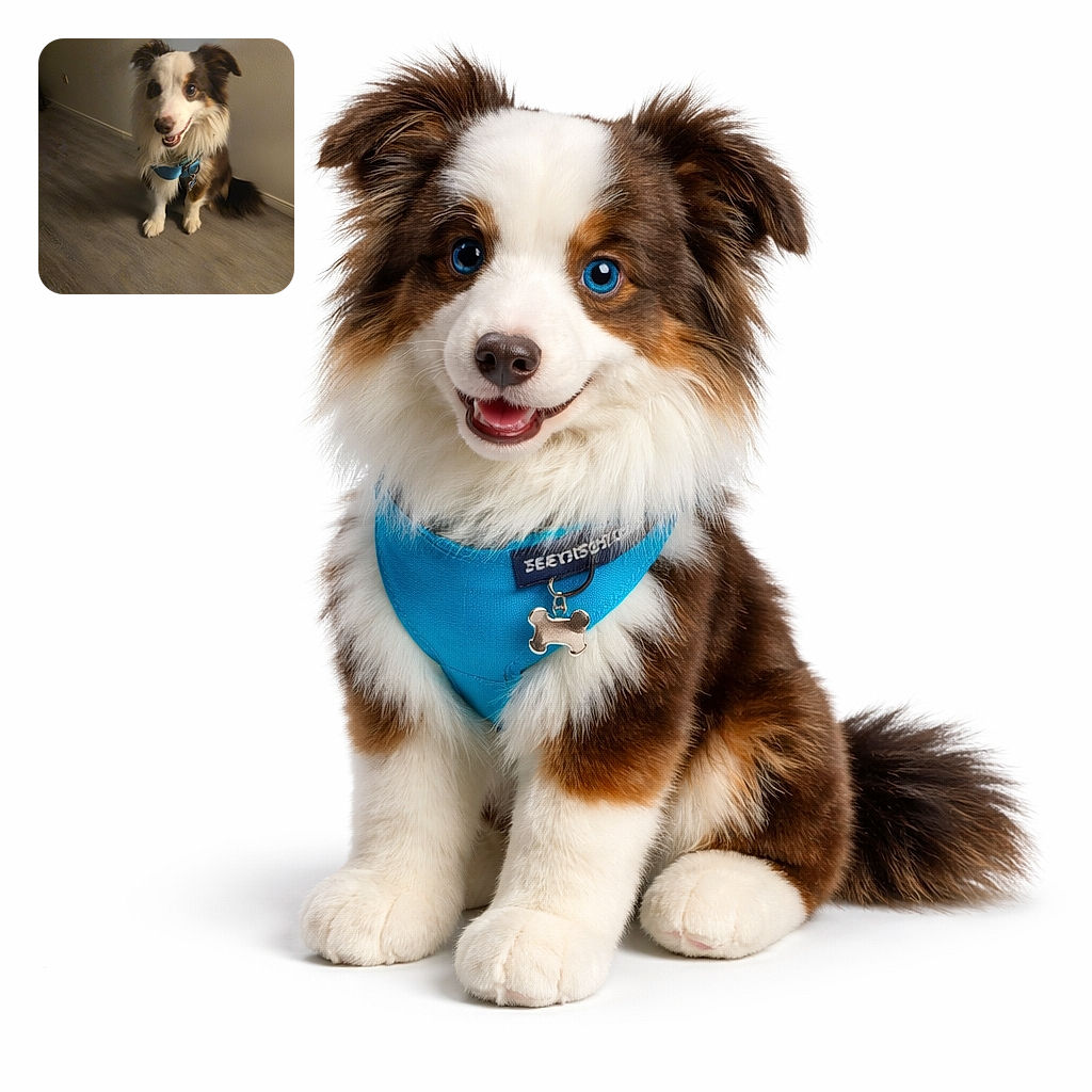 A goofy, smiling dog in a blue harness sits by the wall like it just told a joke — mottled brown-and-white fur, perky ears, and a waggy tail with a proud little ID tag. The lighting is warm and a bit soft, giving this pup a cozy, slightly dreamy portrait vibe.