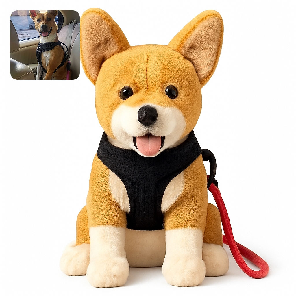 A happy dog wearing a black harness sits comfortably in the back seat of a car, tongue out and ears perked up, ready for an adventure or a car ride full of tail wags and window sniffs.