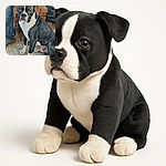 A beautifully detailed watercolor painting of a black and white dog sitting attentively on a textured floor with a brick wall and a person's legs partially visible behind it. The dog's expression is calm and focused, capturing the charm of a loyal companion in an artistic style.