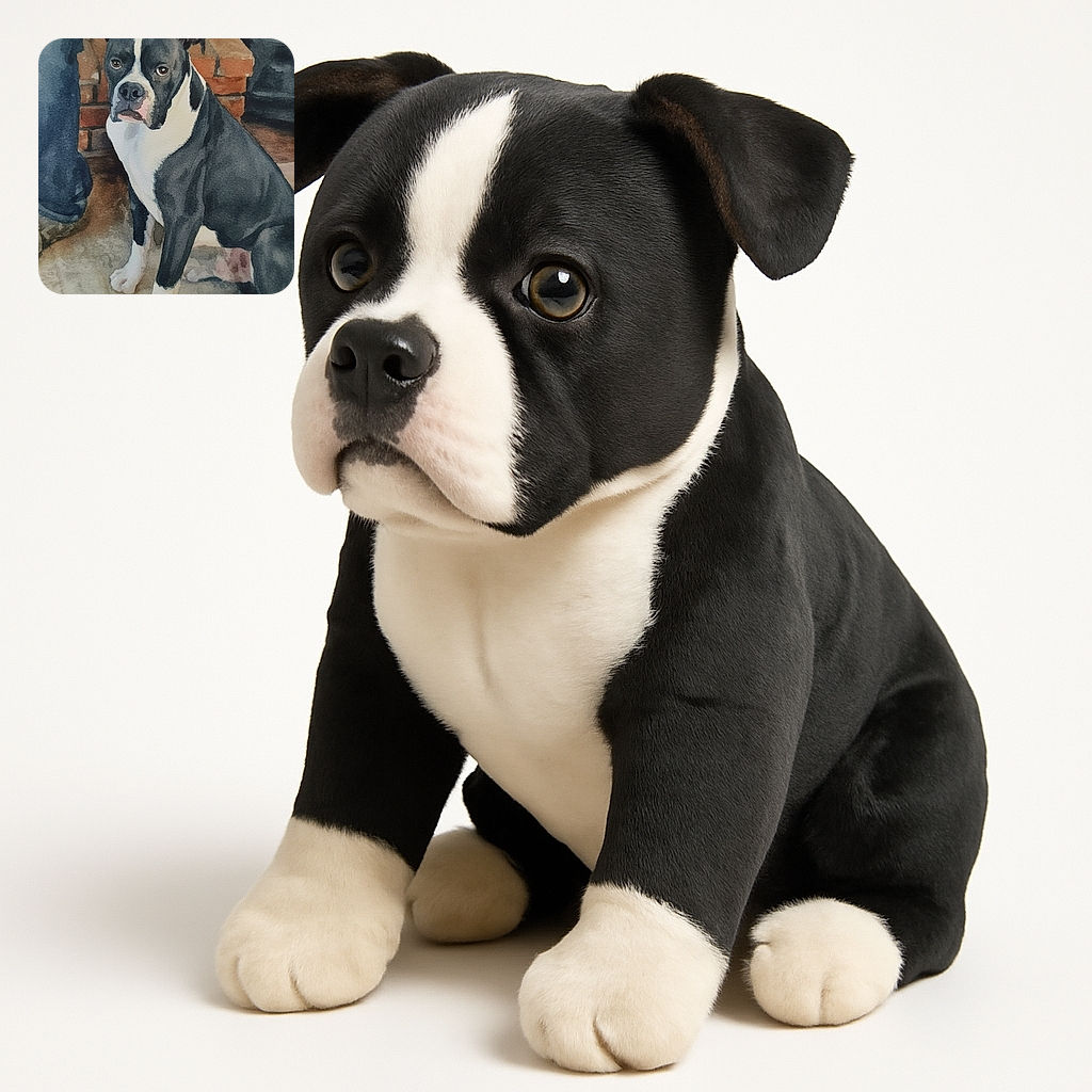 A beautifully detailed watercolor painting of a black and white dog sitting attentively on a textured floor with a brick wall and a person's legs partially visible behind it. The dog's expression is calm and focused, capturing the charm of a loyal companion in an artistic style.