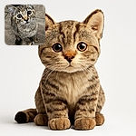 A curious tabby kitten with big, shiny eyes looks up with an innocent expression, sitting on a stone floor with a slightly blurred background that highlights its adorable whiskers and fluffy fur.