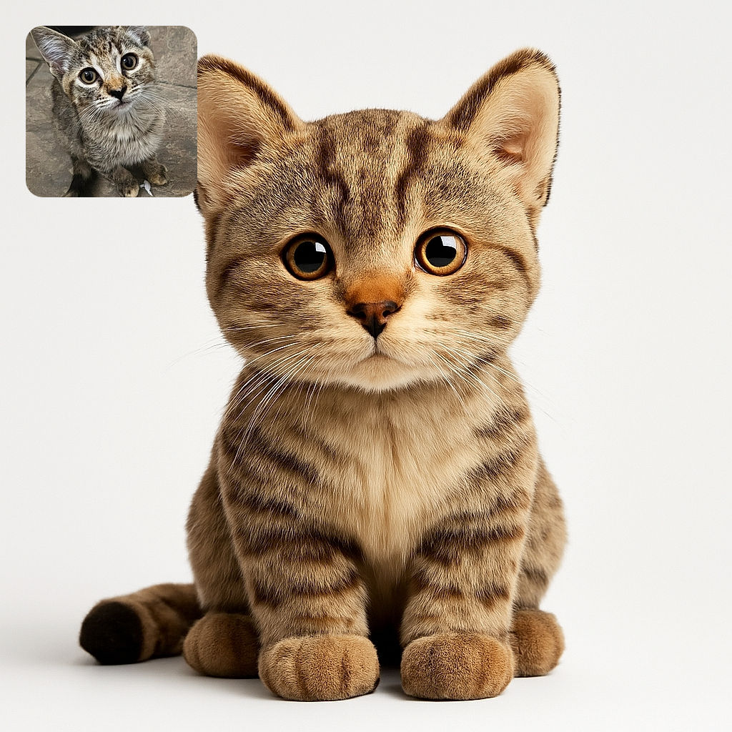 A curious tabby kitten with big, shiny eyes looks up with an innocent expression, sitting on a stone floor with a slightly blurred background that highlights its adorable whiskers and fluffy fur.