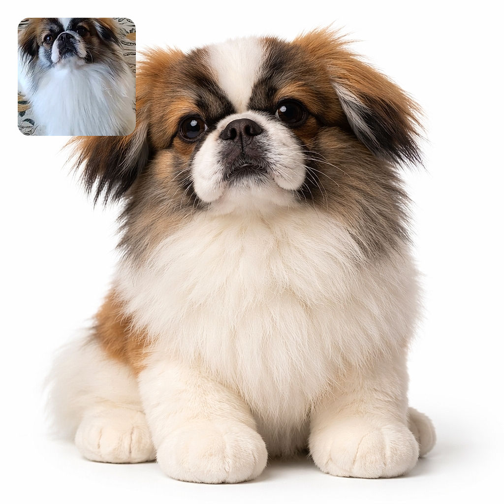 A fluffy dog with a majestic mane sits proudly on a patterned floor, looking up with soulful eyes as if waiting for a treat or a royal command.