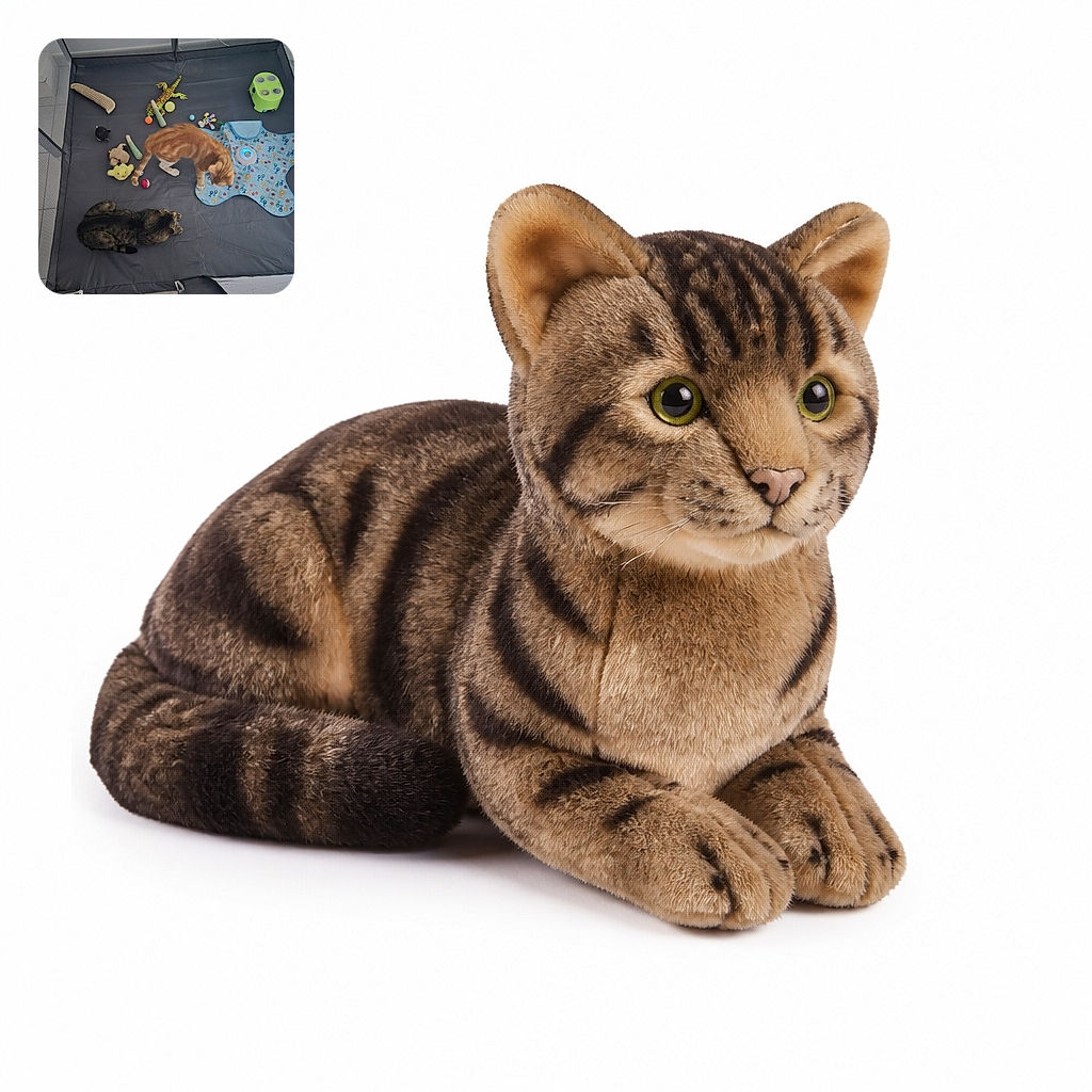 Two cats are lounging in a spacious playpen surrounded by colorful toys, a patterned mat, and a suspiciously cheerful green gadget. The orange cat appears to be inspecting the merchandise while the darker cat has fully embraced nap mode.