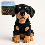 A happy dog with a shiny black and tan coat poses on a rocky ledge overlooking a vast green forest landscape under a partly cloudy sky, basking in the golden hour light with its tongue out in a joyful expression.