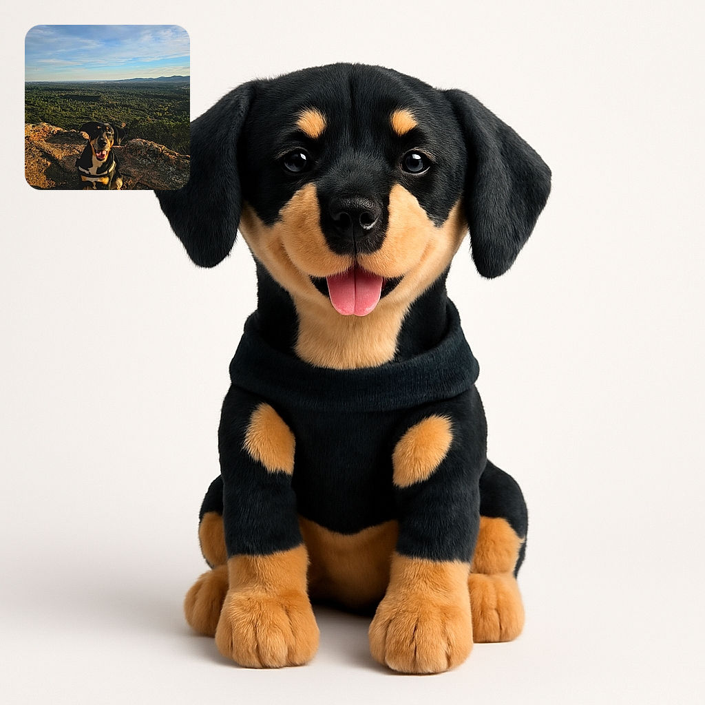 A happy dog with a shiny black and tan coat poses on a rocky ledge overlooking a vast green forest landscape under a partly cloudy sky, basking in the golden hour light with its tongue out in a joyful expression.