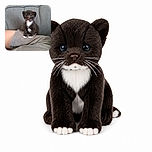 A tiny tuxedo kitten sits proudly on a cozy lap, staring into the camera like it has just been elected president of the household. Its fluffy white paws and dramatic whiskers make the sofa look like a miniature royal throne.