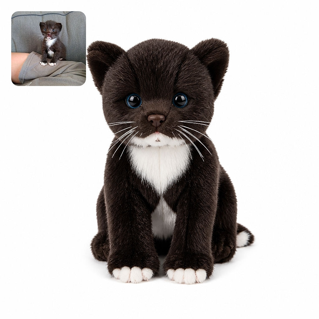 A tiny tuxedo kitten sits proudly on a cozy lap, staring into the camera like it has just been elected president of the household. Its fluffy white paws and dramatic whiskers make the sofa look like a miniature royal throne.