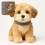 A fluffy light brown puppy peeks out from a pocket on a gray fabric couch, looking curiously at the camera with its paw hanging out, set against a tiled floor and a wall socket in the background.