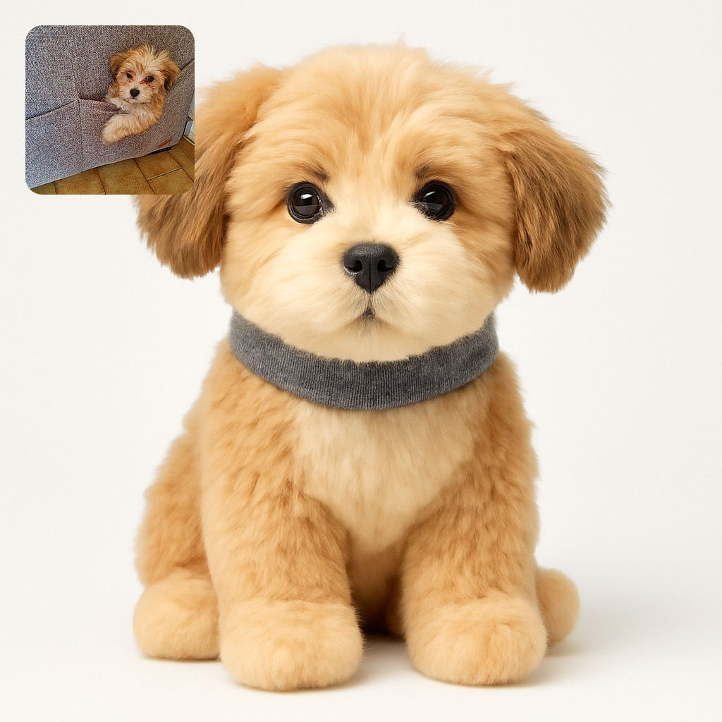 A fluffy light brown puppy peeks out from a pocket on a gray fabric couch, looking curiously at the camera with its paw hanging out, set against a tiled floor and a wall socket in the background.