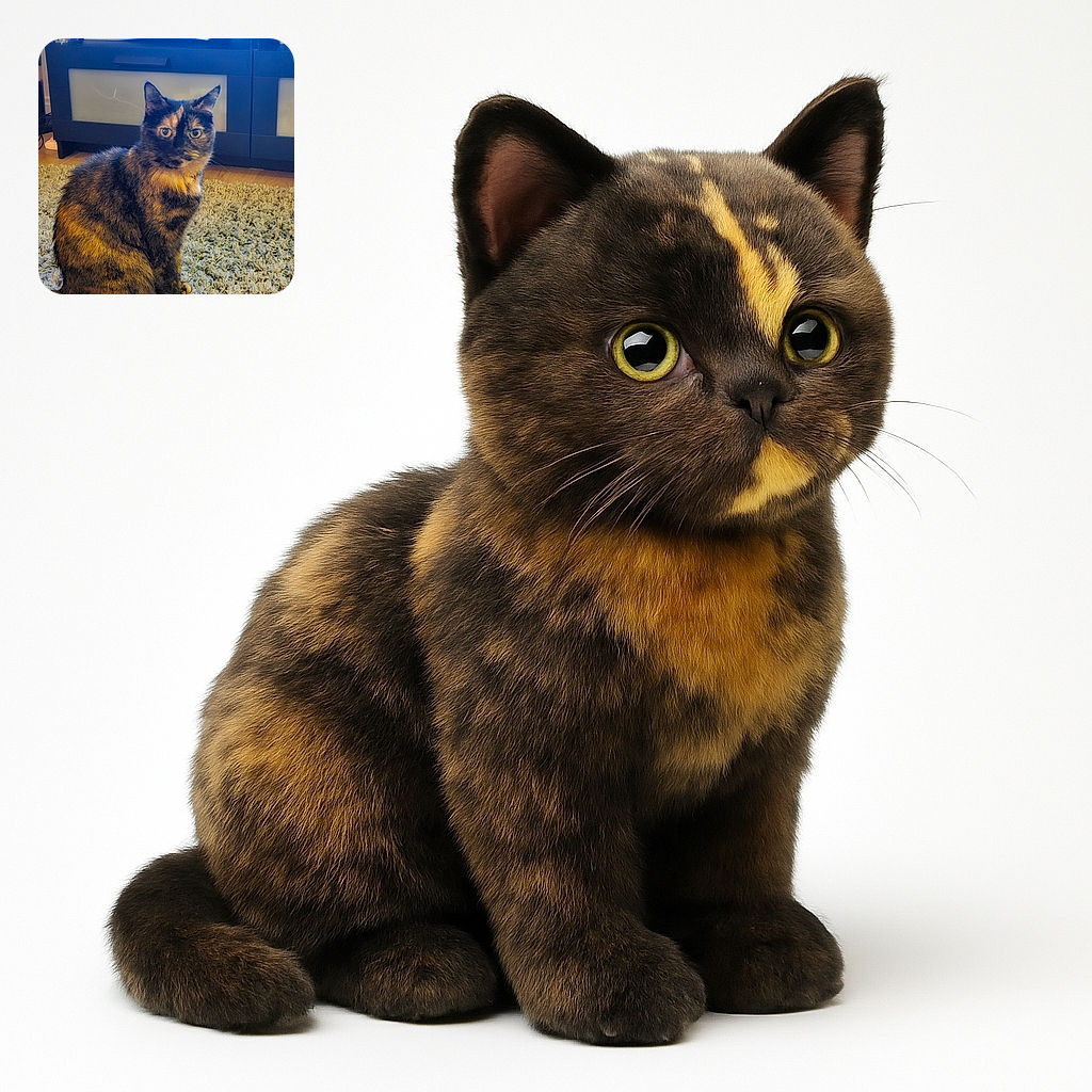 A fluffy tortoiseshell cat sits regally on a textured carpet, staring intently as if plotting world domination. Behind, a sleek entertainment unit and a gaming console add a touch of modern living room vibes.