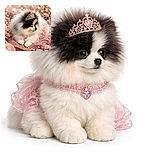 A fluffy Pomeranian dog dressed like royalty, complete with a sparkling tiara and a pink jeweled necklace, lounging gracefully on a plush pink cushion surrounded by a dreamy garden of soft pink and white flowers. The soft focus background and delicate lighting make this pup look like the queen of the floral kingdom.