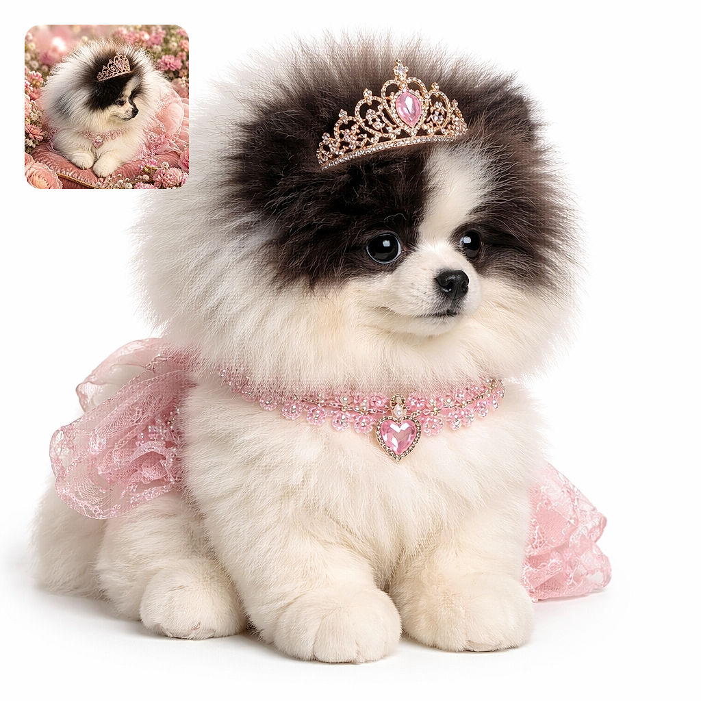 A fluffy Pomeranian dog dressed like royalty, complete with a sparkling tiara and a pink jeweled necklace, lounging gracefully on a plush pink cushion surrounded by a dreamy garden of soft pink and white flowers. The soft focus background and delicate lighting make this pup look like the queen of the floral kingdom.