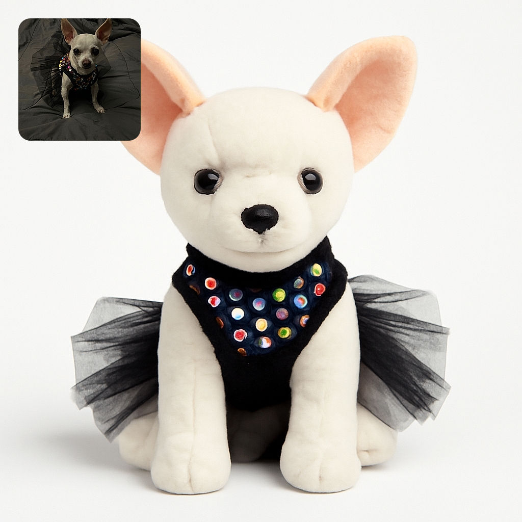 A tiny white Chihuahua wearing a sparkly black tutu dress sits on a dark gray quilted blanket, looking straight at the camera with big curious eyes and perky ears, ready for a night of fancy fun.