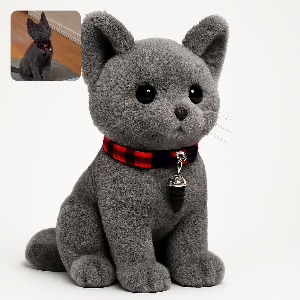 A curious gray kitten with a red collar sits attentively on a gray mat against a wooden floor and beige wall backdrop, looking up with wide eyes as if expecting a treat or an adventure.
