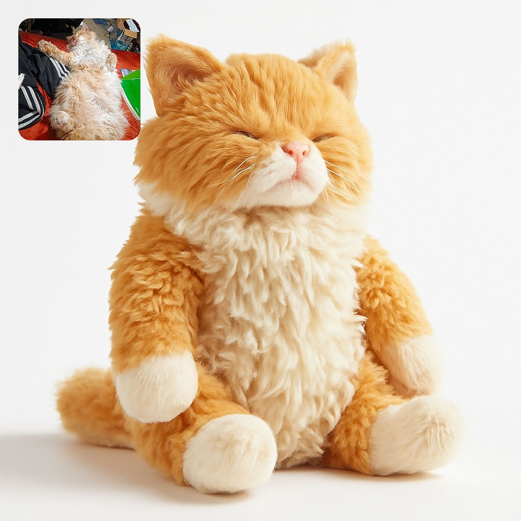 A fluffy orange and white cat is sprawled out belly-up on a reddish surface, looking completely relaxed and in a deep nap. Nearby, there are some casual items including a black garment with stripes, a green notebook, and a cardboard box in the background, giving the scene a cozy, lived-in vibe.