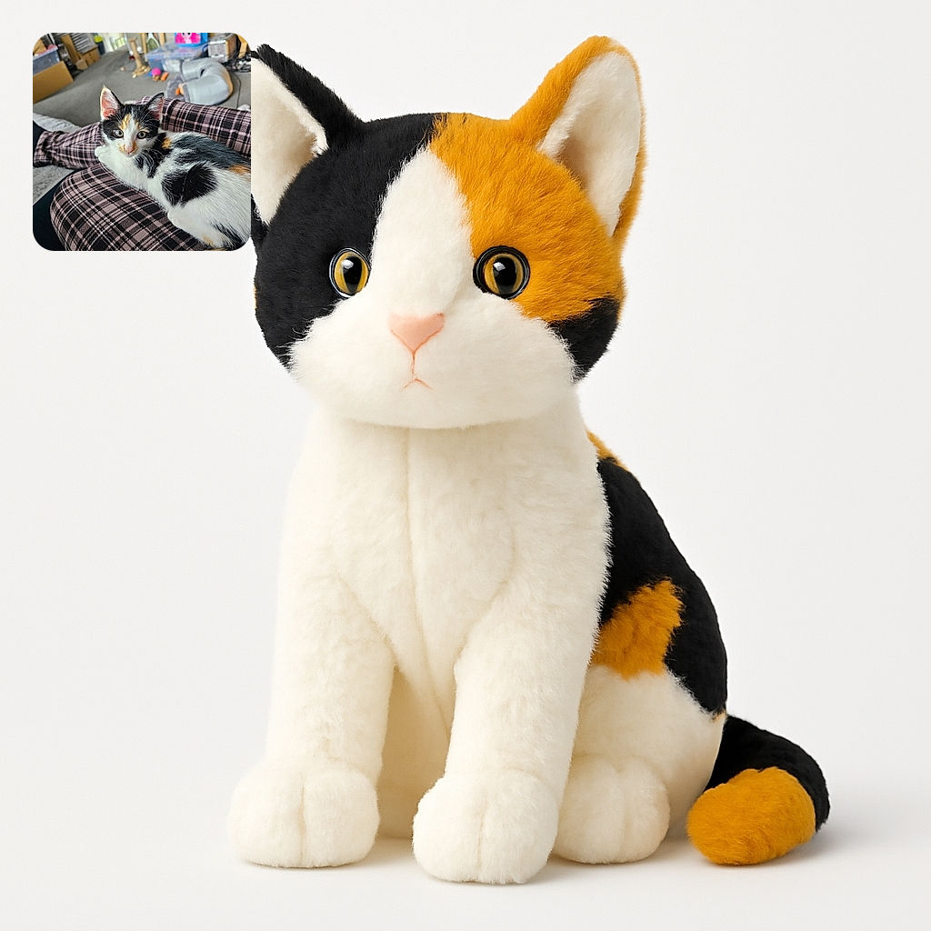 A charming calico kitten lounges comfortably on a person's plaid-clad lap, gazing curiously at the camera with wide, innocent eyes. The cozy indoor setting is filled with scattered toys and furniture, adding to the relaxed and homely vibe.