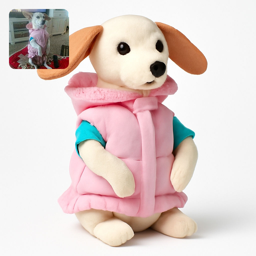 A small dog wearing a puffy pink jacket sits upright on a colorful quilt with a TV remote nearby, looking slightly regal and unimpressed as if questioning its fashion choices.