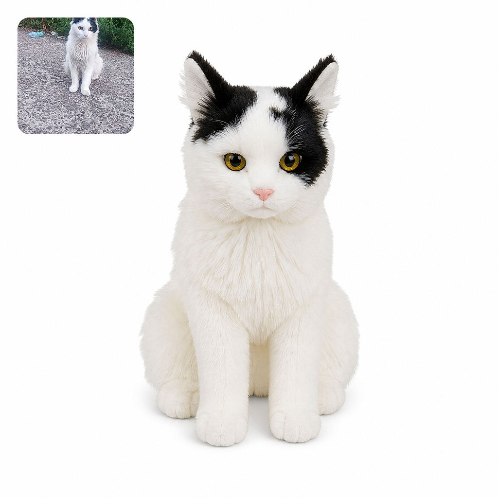 A fluffy black-and-white cat sits proudly on a pebbly path, staring into the camera like the neighborhood garden supervisor. Behind it, lush greenery provides a leafy stage while a discarded bottle quietly auditions for the role of environmental warning.