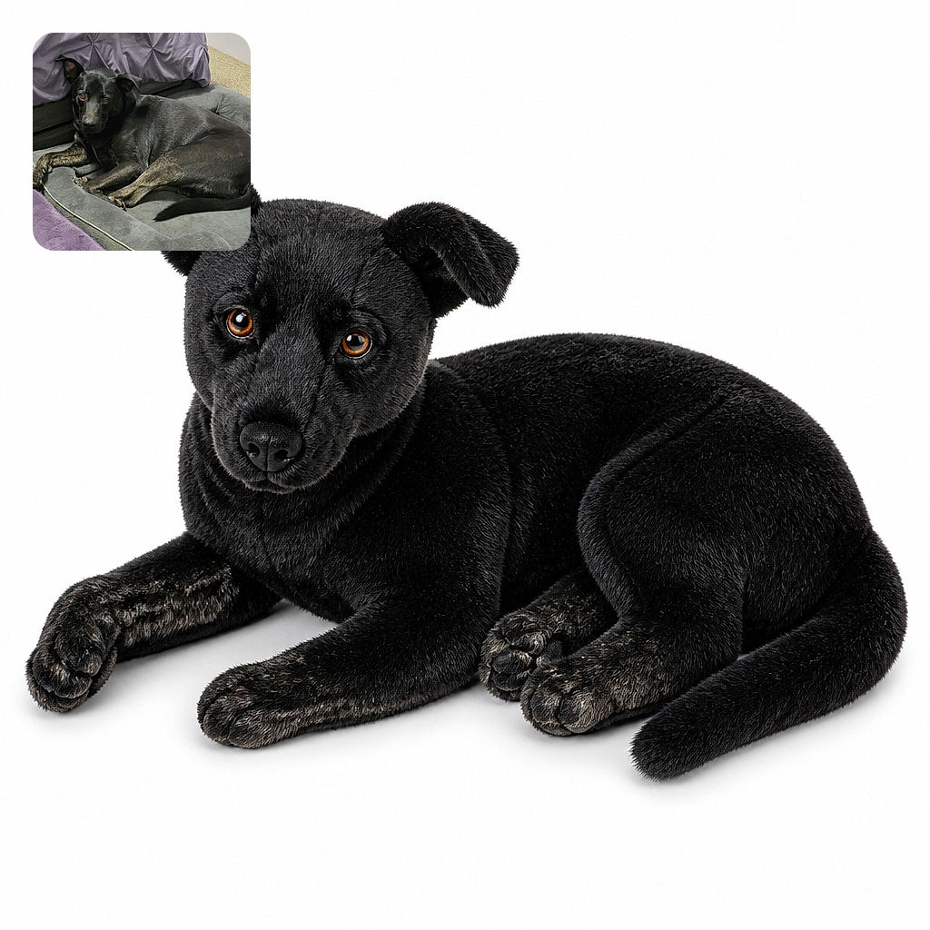 A sleek black dog lounges on a cushy gray bed, staring into the camera like it has just been asked to explain who chewed the invisible slipper. Purple bedding and a cozy indoor setting give the scene a soft, dramatic bedroom vibe.